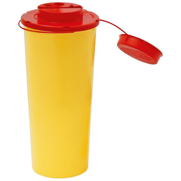 Contenedor cilíndrico amarillo Safe-Box con tapa roja desmontable sobre fondo blanco