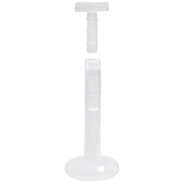 Barra Labret transparente de Bioplast con rosca Push-Fit sobre fondo blanco
