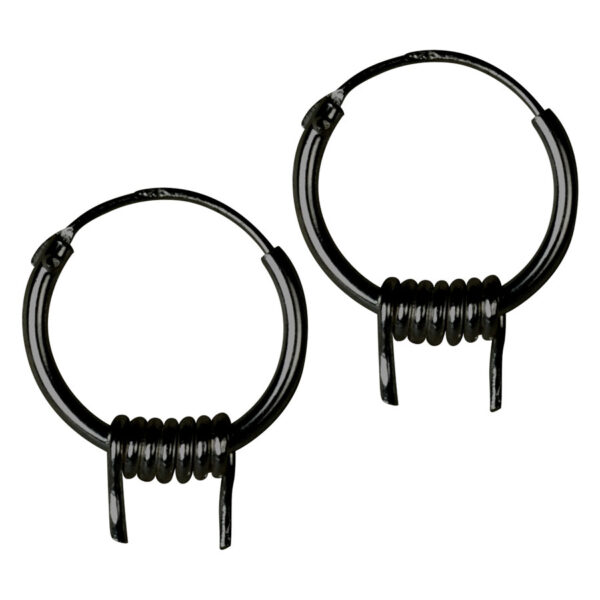 Dos pendientes de plata negra con diseño de malla sobre fondo blanco
