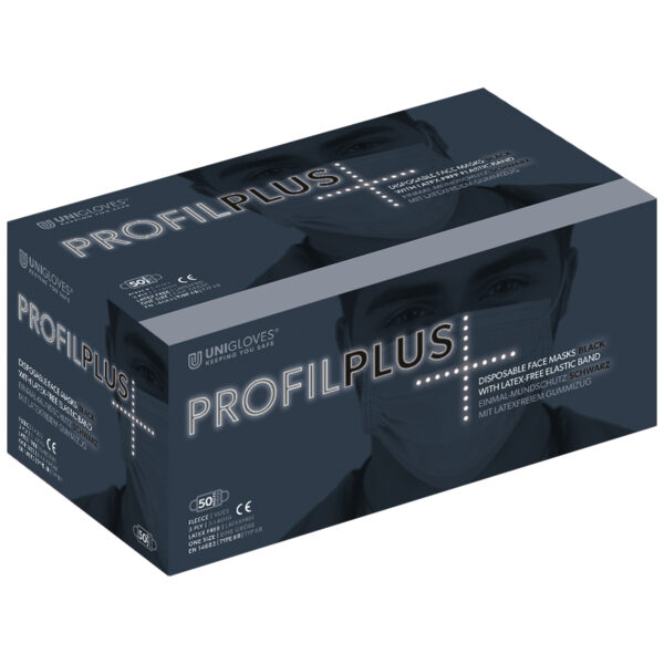 Caja con mascarillas quirúrgicas Unigloves Profil Plus en negro sobre fondo gris