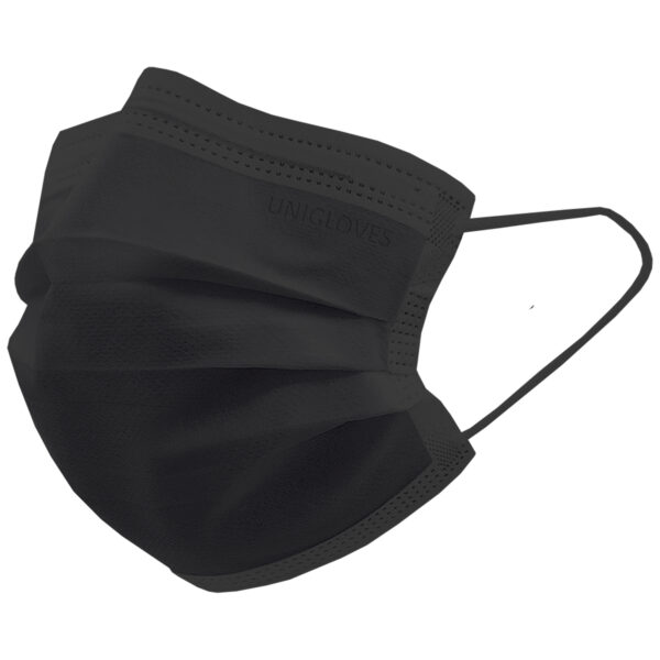 Mascarilla quirúrgica negra Unigloves de Fleece sobre fondo neutro