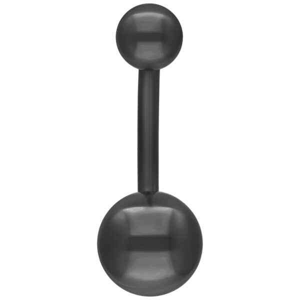 Piercing de ombligo negro de titanio con dos bolas sobre fondo blanco