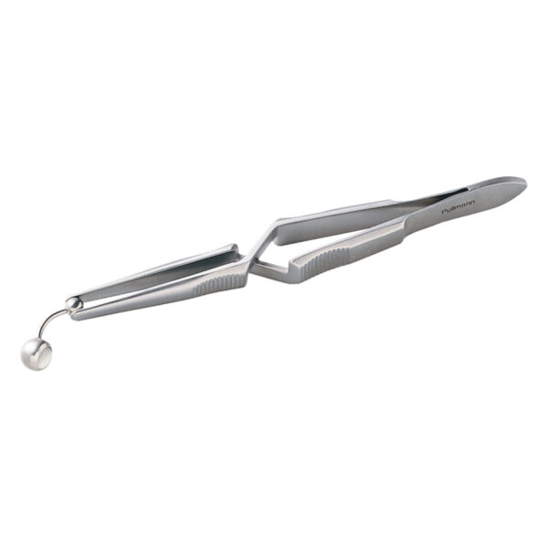 Pinza fijadora de bolas de acero inoxidable plateada sobre fondo blanco