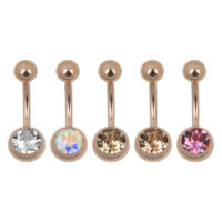 Roségold Bananabell mit Kristallen Bauchnabel Bananabell in Roségold mit fünf verschiedenen Kristallfarben auf weißem Hintergrund