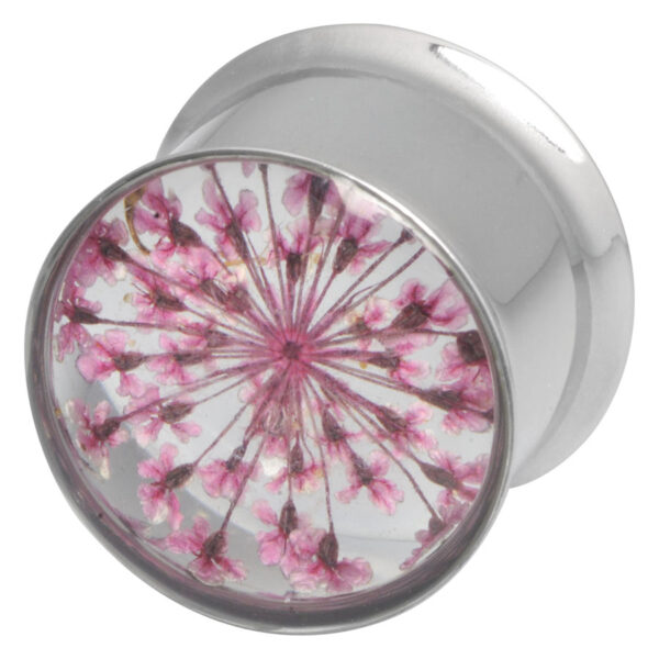 Plug plateado de acero quirúrgico con motivo de flores rosas, 12 mm