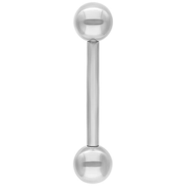 Piercing plateado con dos bolas, dispuestas verticalmente, sobre fondo blanco