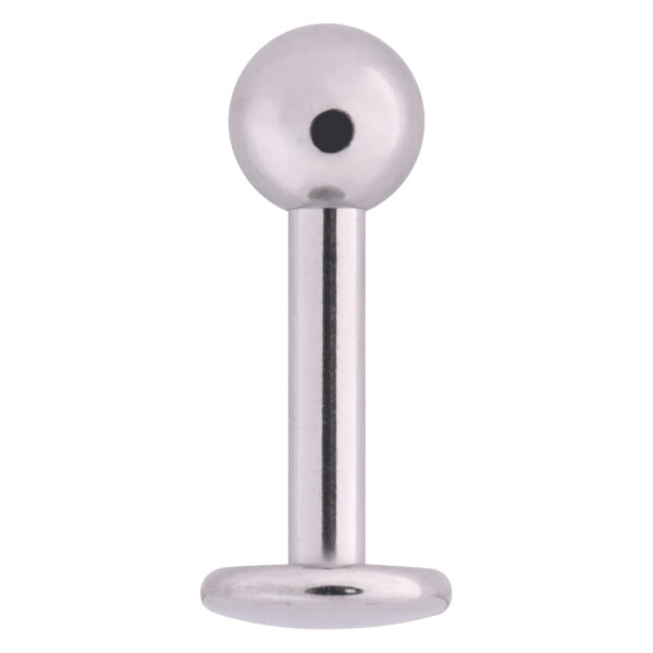 Stud de labret de titan plateado con rosca externa sobre fondo blanco