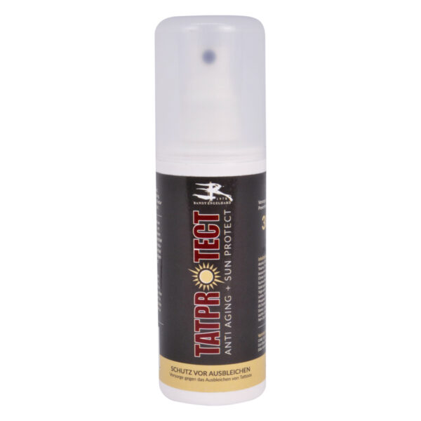 Botella de TATprotect con antiedad y protector solar SPF30 sobre fondo blanco