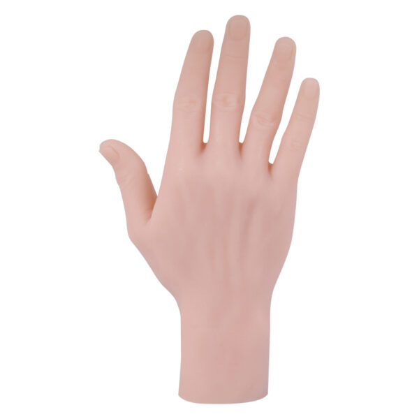 Mano de silicona beige para prácticas de tatuajes sobre fondo blanco