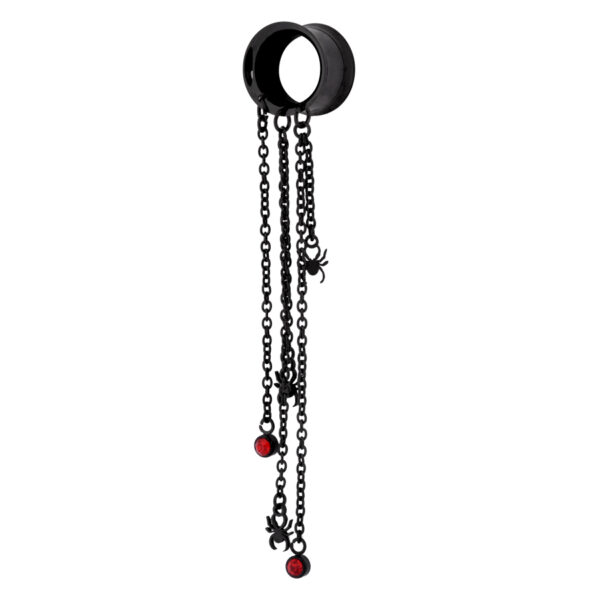 Túnel de acero quirúrgico negro con cadenas colgantes y colgantes de arañas rojas
