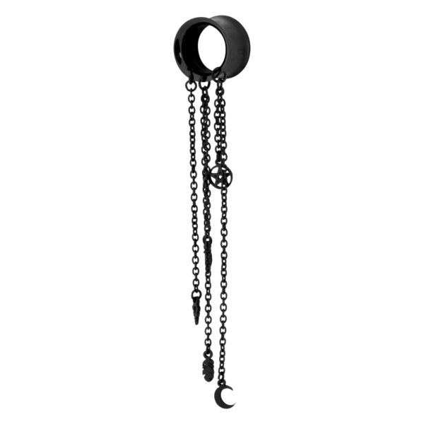 Túnel negro de acero quirúrgico con cadenas colgantes y colgantes sobre fondo blanco