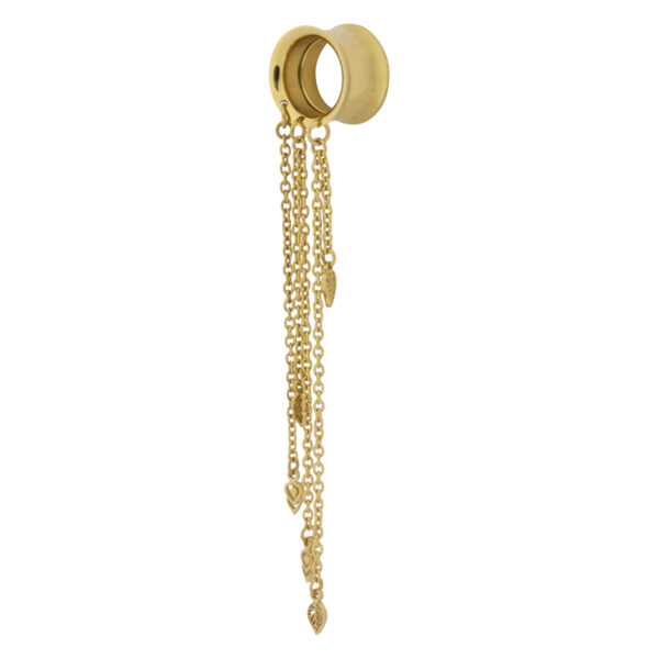 Túnel de piercing dorado con cadenas largas y hojas sobre fondo blanco