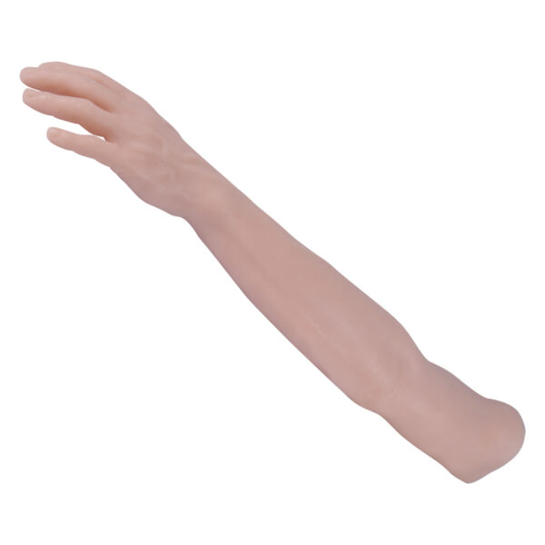 Brazo de práctica para tatuajes de silicona beige, lado izquierdo, sobre fondo blanco