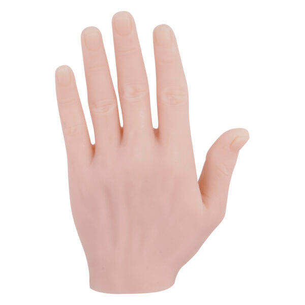 Mano de práctica para tatuajes de silicona beige con fondo neutro