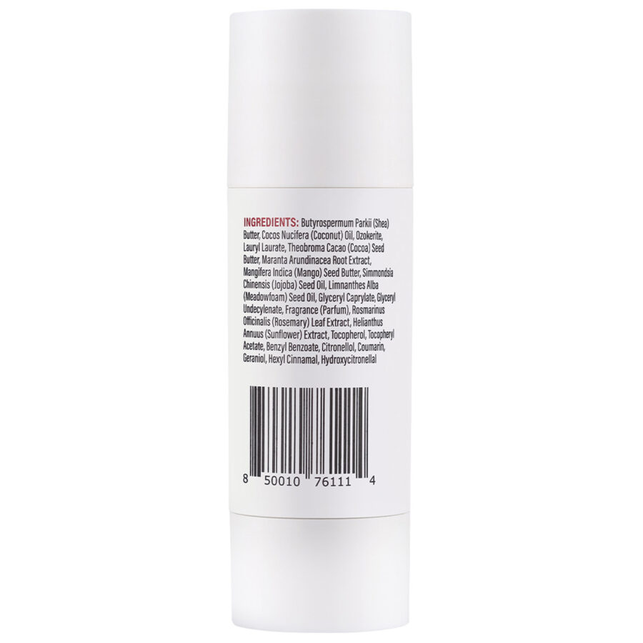 Tubo blanco de Hustle Butter Stick de cuidado con ingredientes y código de barras