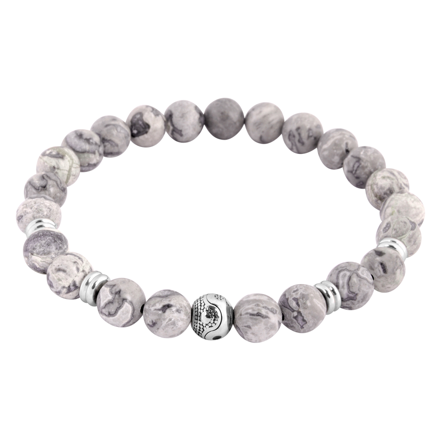 Pulsera Ying Yang de acero quirúrgico y piedra Pulsera gris Ying Yang de piedra con detalles plateados sobre fondo blanco