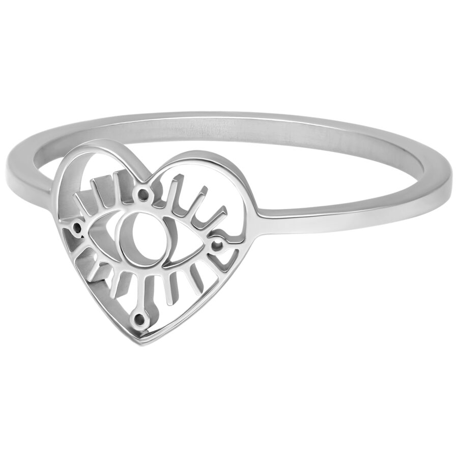 Anillo Plateado Eye en forma de corazón de acero quirúrgico 316L sobre fondo blanco