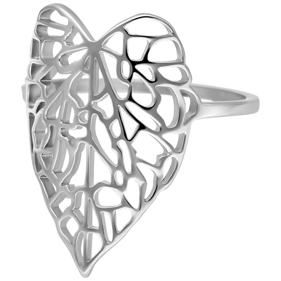 Anillo plateado en forma de hoja, tamaño 17,0 mm, sobre fondo blanco