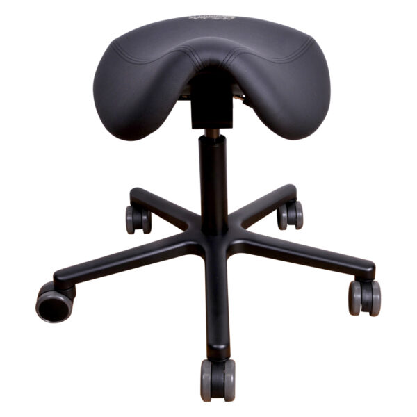 Silla de trabajo T2 Pro negra con asiento de montura y base de aluminio sobre fondo blanco
