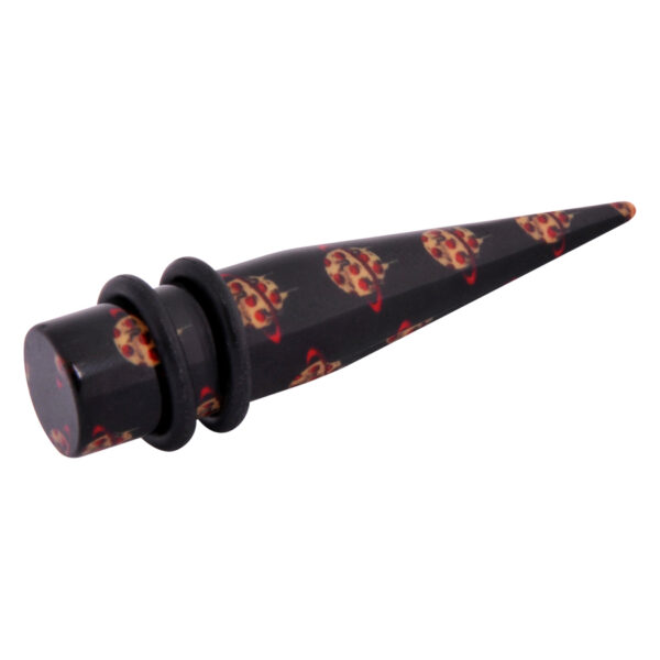 Expansor negro con diseño de pizza, en forma de cono, sobre fondo blanco