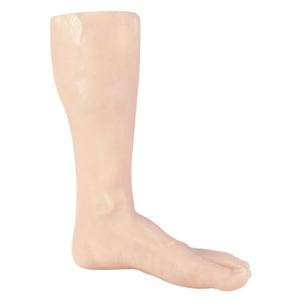 Pierna de silicona beige para tatuar sobre fondo blanco