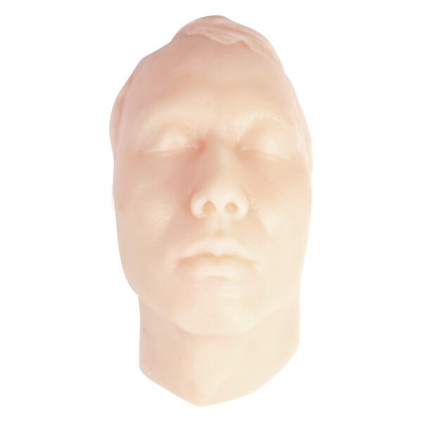 Modelo de cara de hombre en silicona beige sobre fondo blanco