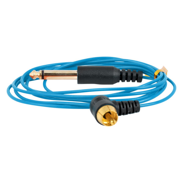 Clipcord RCA azul con cable de silicona sobre fondo blanco