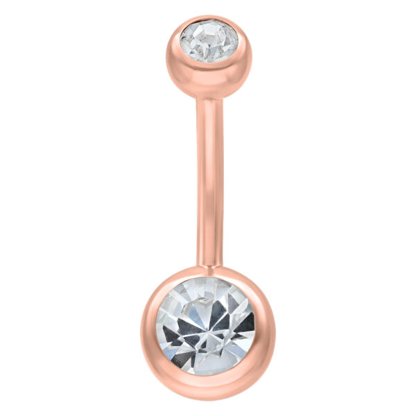 Piercing de ombligo en oro rosa con dos cristales claros sobre fondo blanco