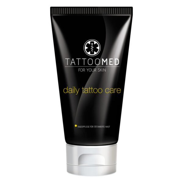 TattooMed® Crema de Cuidado en tubo negro de 100ml sobre fondo blanco