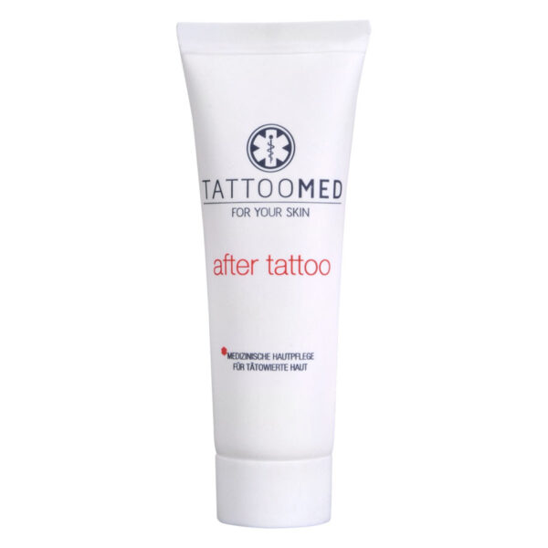 Tubo blanco de TattooMed® after tattoo 25 ml sobre fondo blanco