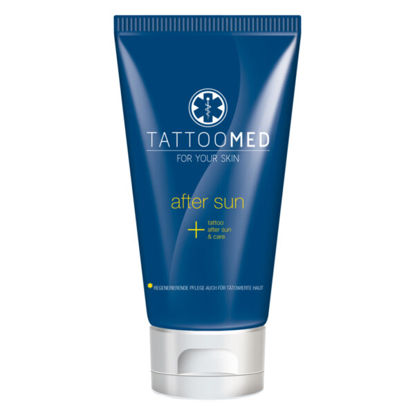 TattooMed® After Sun Lotion en tubo azul sobre fondo blanco