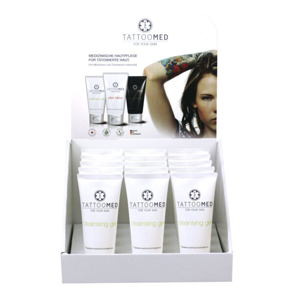 TattooMed Cleansing Gel en tubo blanco en un exhibidor con varios tubos