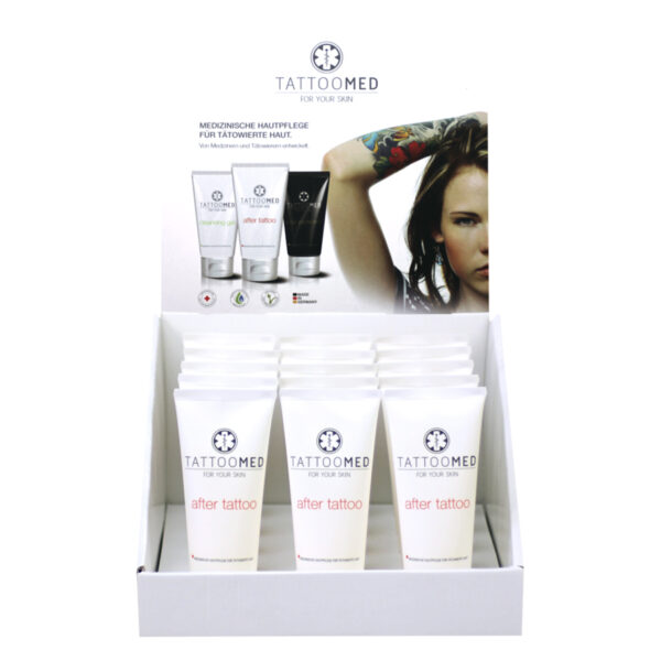 TattooMed® after tattoo 25 ml Tubos en expositor blanco con modelo de fondo