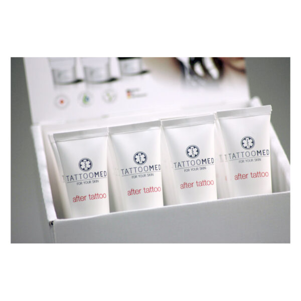 Cuatro tubos de TattooMed® after tattoo de 25 ml en caja blanca