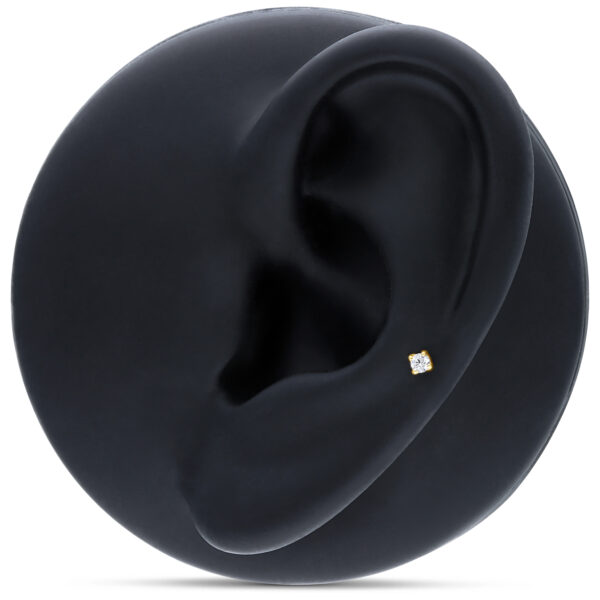 Accesorio dorado de 14K Gold con cristal claro sobre modelo de oreja negro
