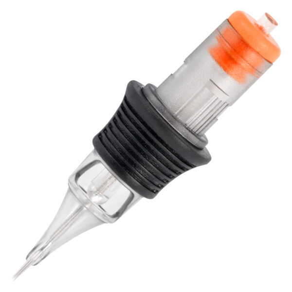Cartucho Redondo para Tatuajes de acero quirúrgico con mango negro y punta naranja.