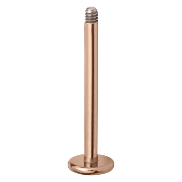 Labret de titanio en oro rosa con rosca externa sobre fondo blanco