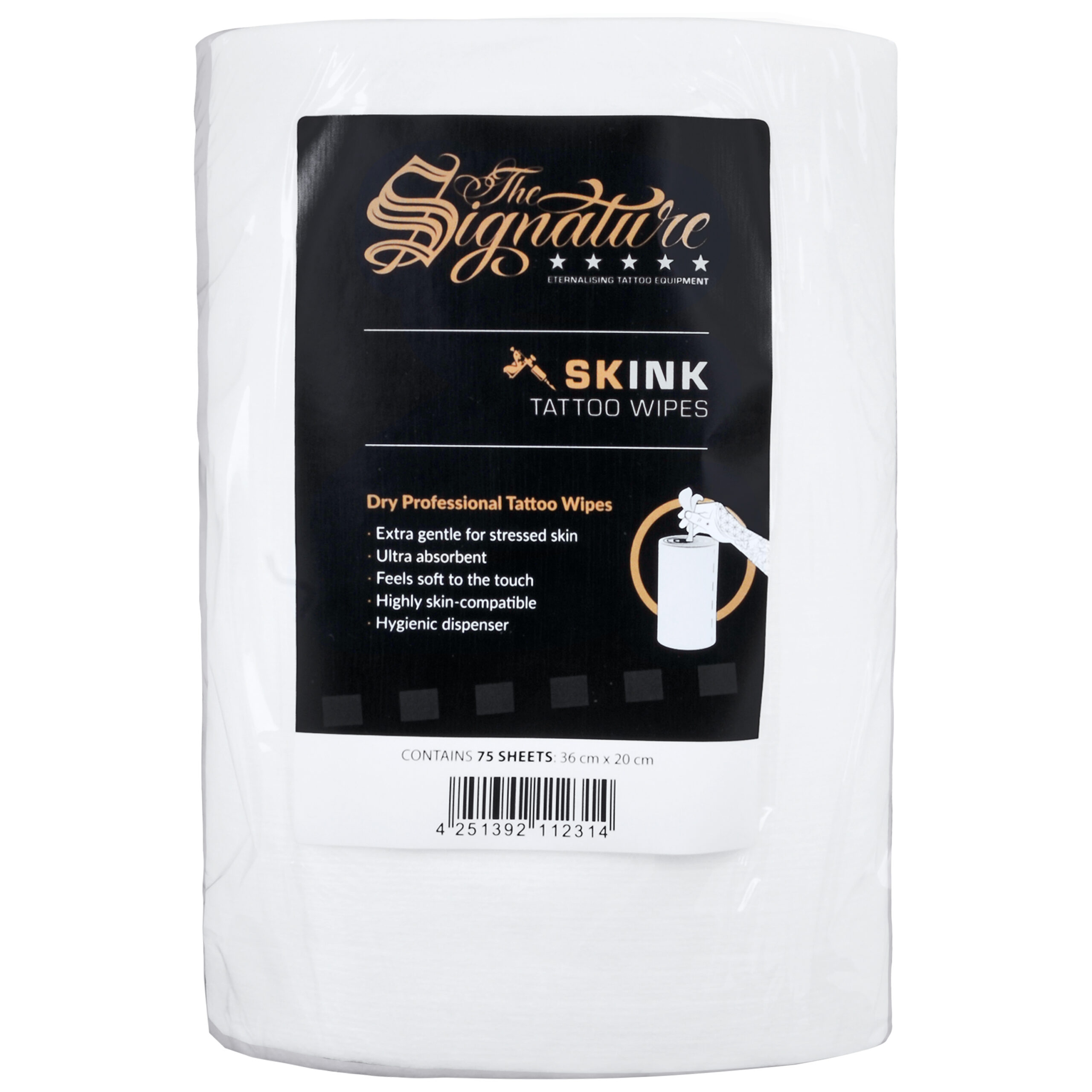 SKINK Tattoo Wipes en blanco, 75 hojas Rollo de SKINK Tattoo Wipes blanco con etiqueta sobre fondo blanco