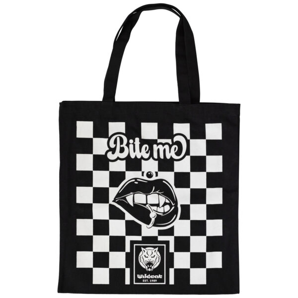 Bolsa de algodón negra con patrón de ajedrez blanco y texto 'Bite Me'