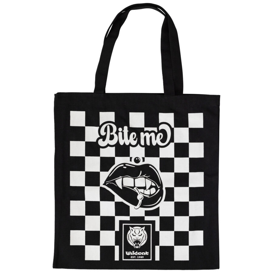 Bolsa de algodón negra con patrón de ajedrez blanco y texto 'Bite Me'