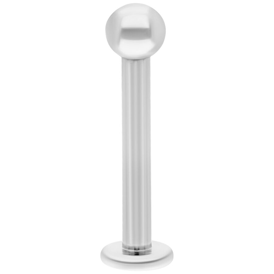Labret de titanio plateado con cabeza redonda sobre fondo blanco