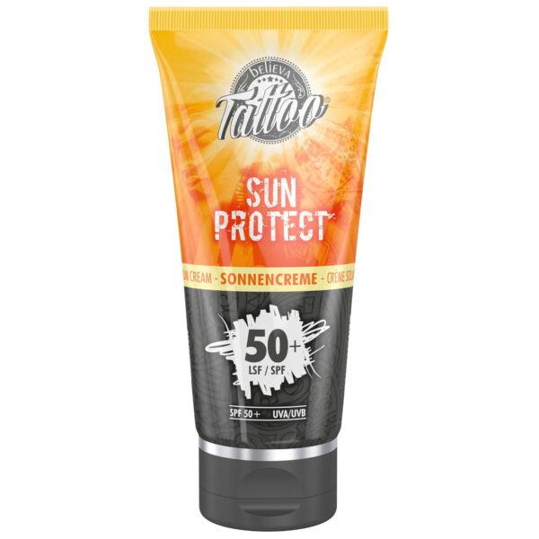 Tubo de 100 ml de Believa Tattoo Sun Protect con SPF 50+ sobre fondo blanco