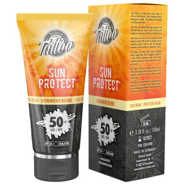 Tubo y caja de Believa Tattoo Sun Protect 50+ sobre fondo blanco