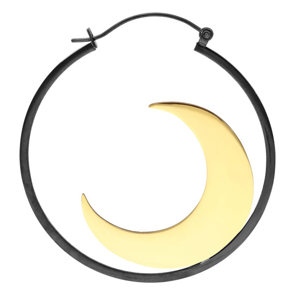 Pendientes Mangata Hoops negros y dorados con diseño de media luna sobre fondo blanco