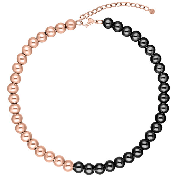 Collar con esferas alternas en oro rosa y negro sobre fondo blanco