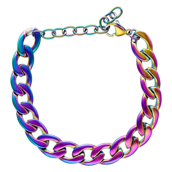 Pulsera anodizada de acero quirúrgico en colores del arcoíris sobre fondo blanco