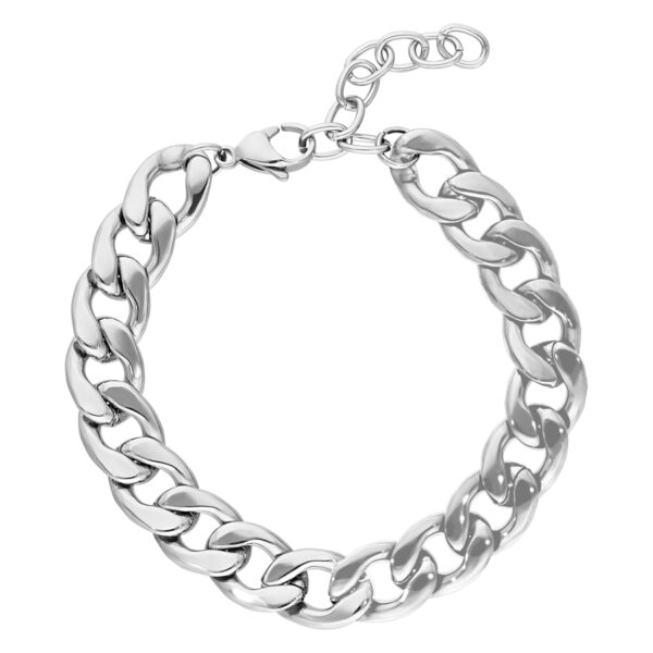 Brazalete chunky de acero quirúrgico en plata sobre fondo blanco