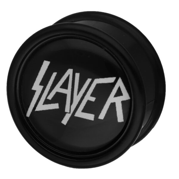 Plug negro con logo blanco de Slayer sobre fondo negro