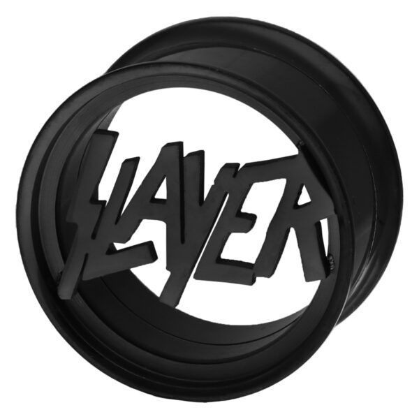 Túnel negro con logo de Slayer de acero quirúrgico sobre fondo blanco