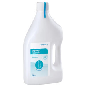 Botella blanca Schülke Gigasept® Instru AF 2 litros sobre fondo blanco